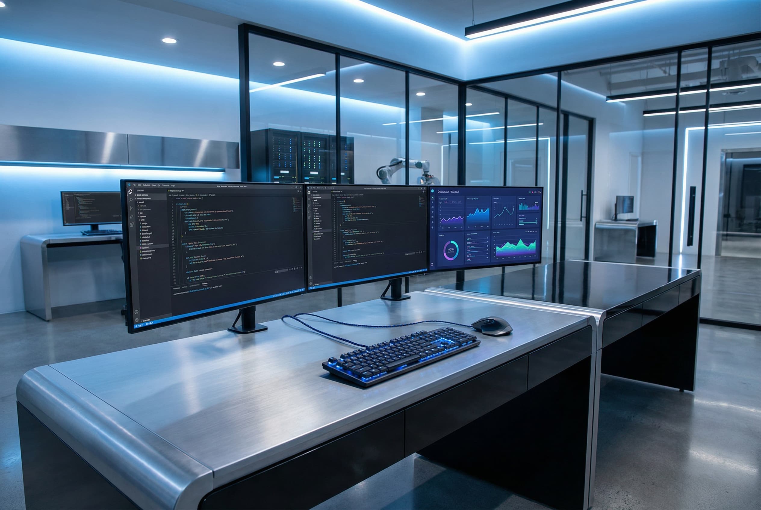 Modern technology workspace with multiple monitors showing code and data