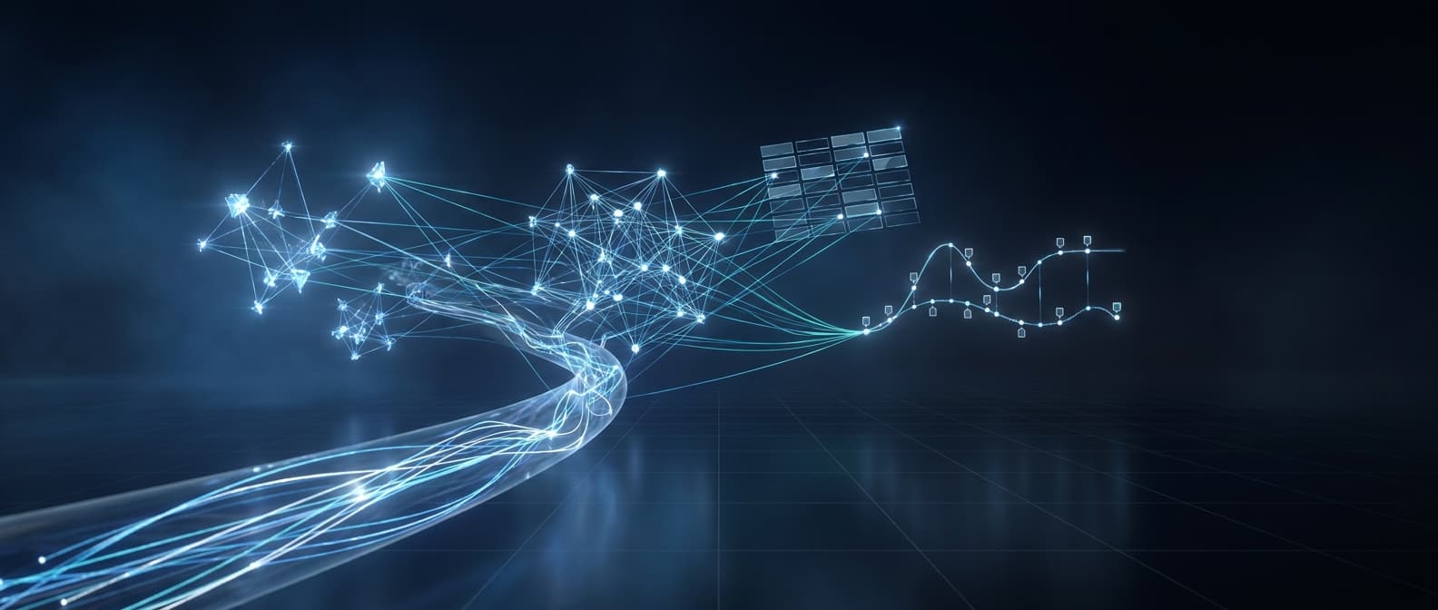Abstract visualization of content flowing from an ingestion pipeline into a knowledge graph, tabular shards, and a temporal timeline