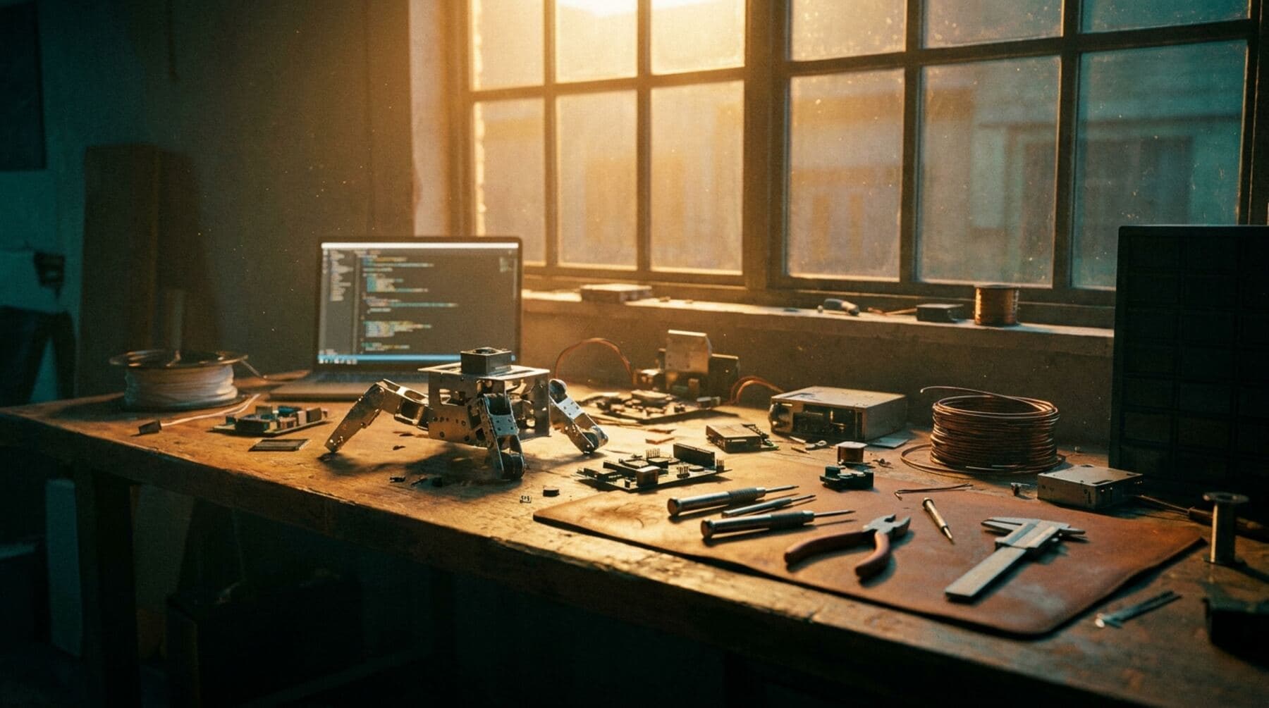 An engineering workbench at dusk with a robotics prototype, circuit boards, and precision tools in warm window light