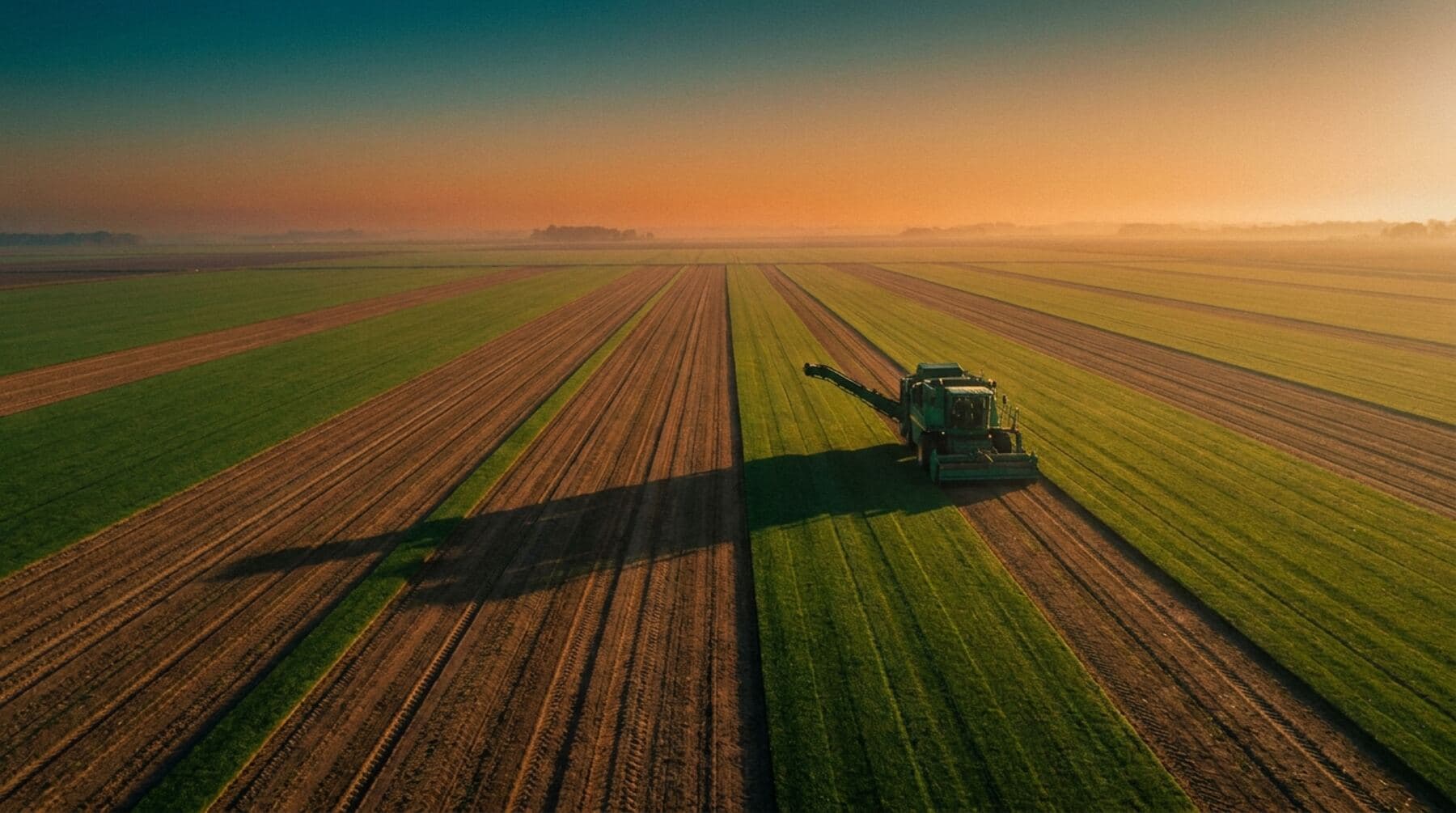 Aerial view of a sod farm at golden hour, a harvester working perfectly parallel turf strips